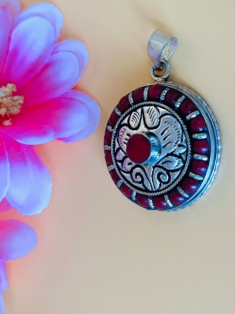 Red  Coral Tibetan Nepalese Hanmade Vintage  Pendant only